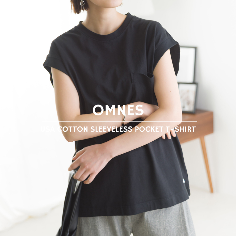 OMNES USAコットン ノースリーブポケットTシャツ レディース