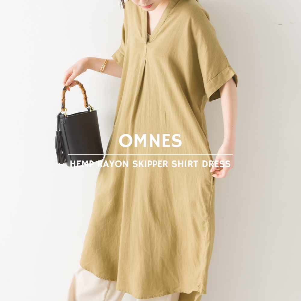 OMNES 麻レーヨン スキッパーシャツワンピース レディース カジュアル フリーサイズ 半袖 ロングワンピース リネンレーヨン