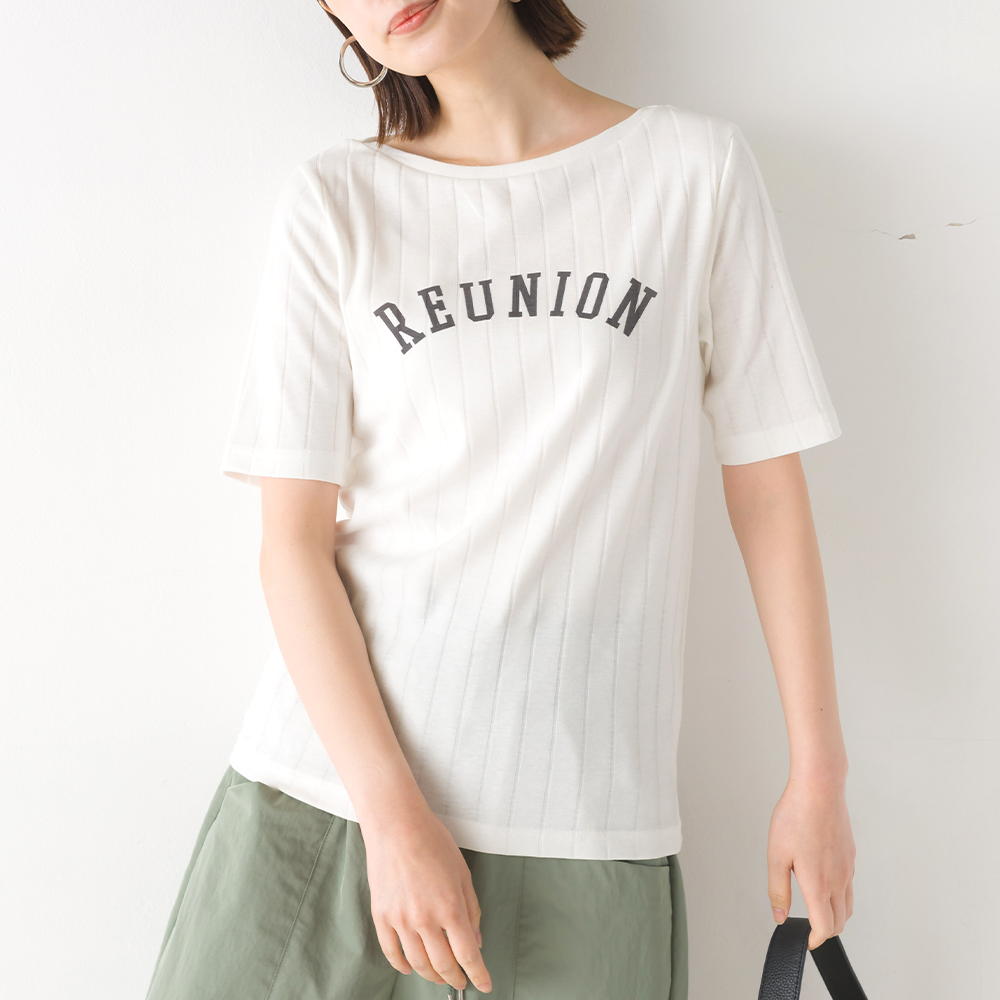 OMNES Another Edition 汗染み防止リブロゴプリント半袖Tシャツ REUNION レディース カットソー 汗じみ防止 撥水加工 吸水速乾 フリーサイズ カジュアル