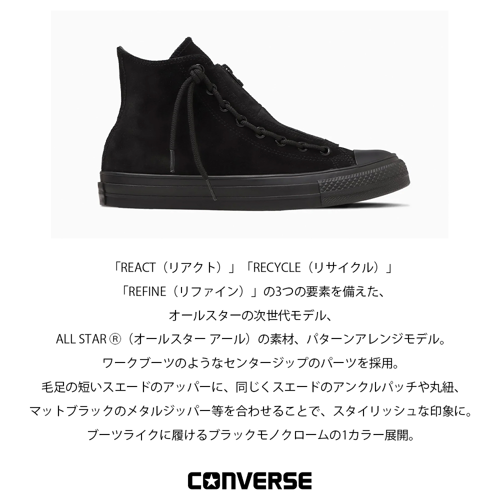 CONVERSE コンバース SUEDE ALL STAR R CENTERZIP HI スエード オールスターR センタージップ レディース メンズ  シューズ 靴 ハイカット ブラックモノクローム