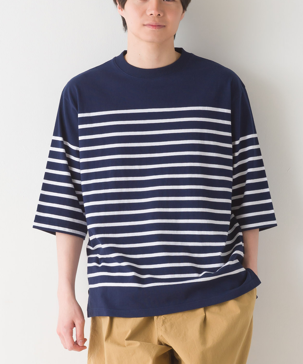 OMNES メンズ パネルボーダーコットン5分袖Tシャツ Mサイズ Lサイズ カットソー シンプル ボーダーTシャツ カジュアル トップス 半袖