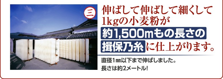 3.伸ばして伸ばして細くして1kgの小麦粉が約1,500mもの長さの揖保乃糸に仕上がります。直径１mm以下まで伸ばしました。長さは約2メートル！