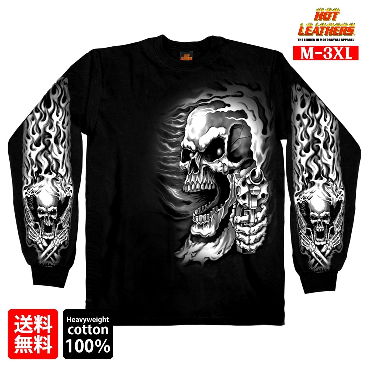 HOT LEATHERS スカルプリントロングスリーブTシャツ長袖 黒 ロンT 米国直輸入! ホットレザー エレクトリックスカル ロングスリーブ