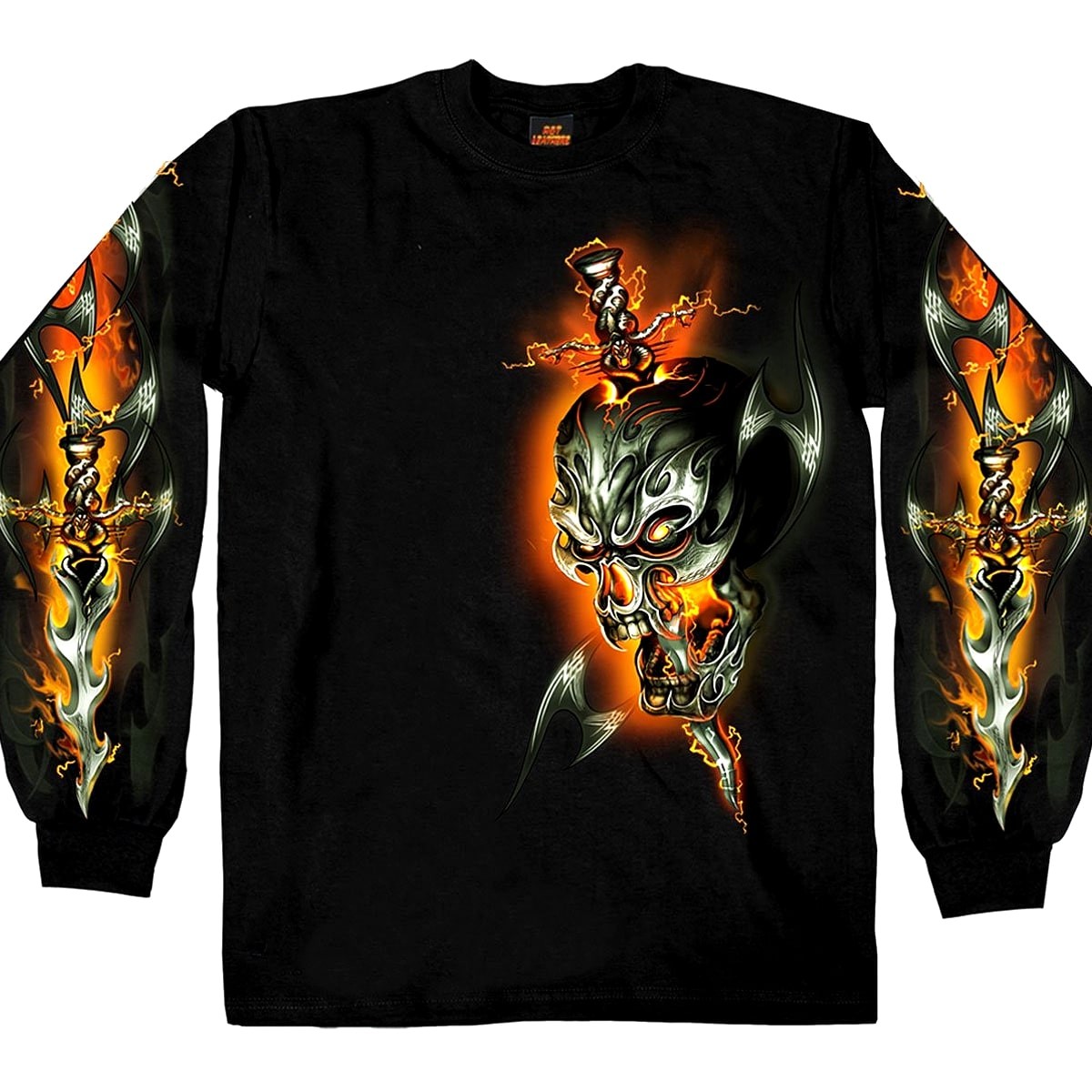 HOT LEATHERS スカルプリントロングスリーブTシャツ長袖 黒 ロンT 米国直輸入! ホットレザー エレクトリックスカル ロングスリーブ