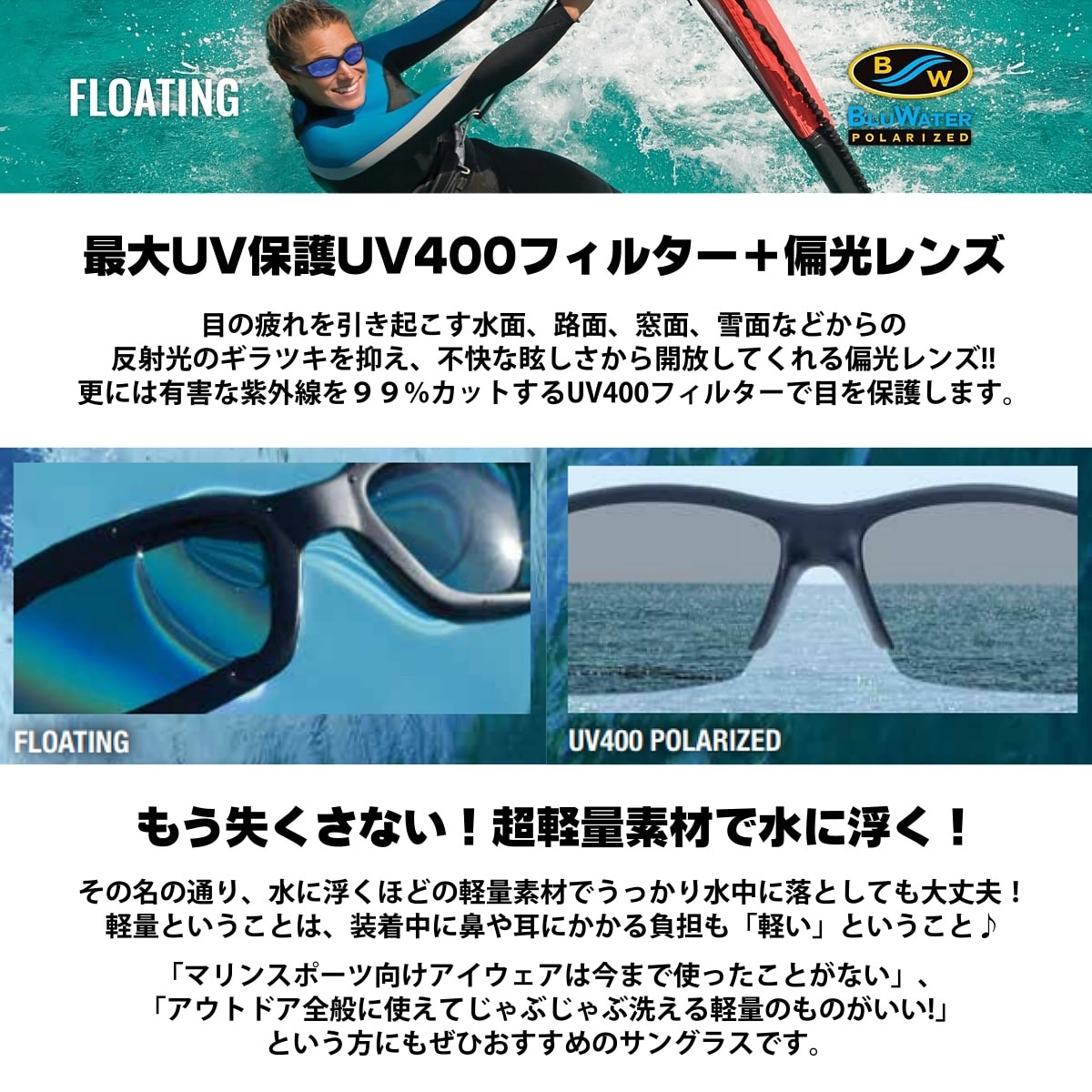 水に浮く 偏光 サングラス BluWater Polarized 6 GR 釣り マリン