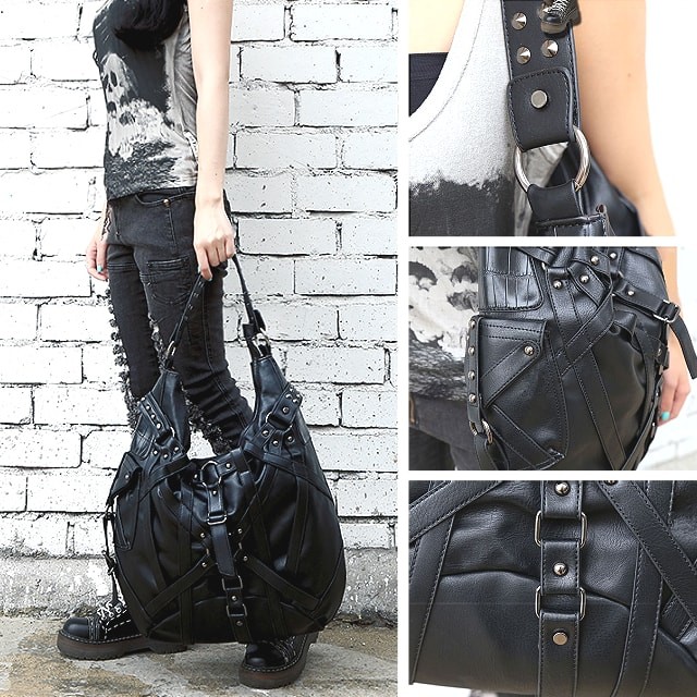 送料無料!】ベルトスタッズPUレザービッグバッグ! 男女兼用 ブラック