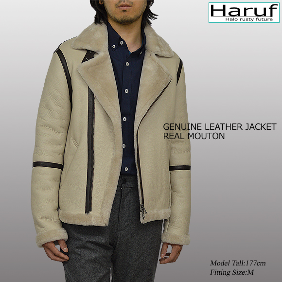 Haruf Raa 本革 ムートンジャケット レザージャケット ライダースジャケット メンズ ダブルライダース 革 本物 革ジャン ムートン 秋冬 USA07 ...