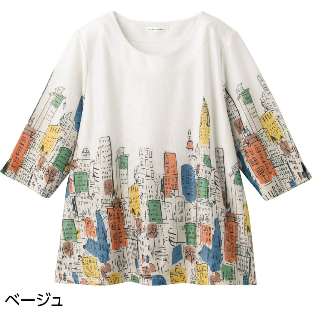 ハナサンテラス Tシャツ 6分袖風景画プリントTシャツ シニア
