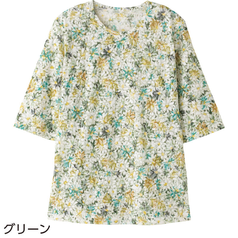 シニアファッション tシャツ 長袖 カットソー 切り替え 花柄 プルオーバー ゆったり 大きいサイズ 中高年 レディース 春夏着 高齢者 シニアファッション レディース 60代 70代 80代 春 夏 涼しい T
