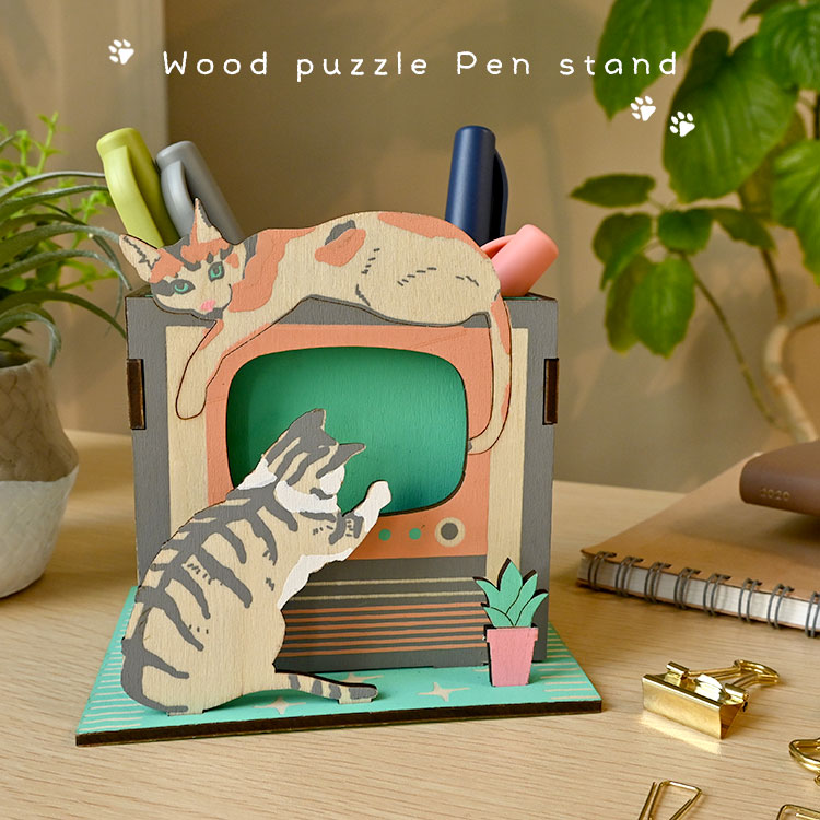 ペンスタンド 猫 木製 大容量 ペン立て ジグソーパズル 文房具 写真