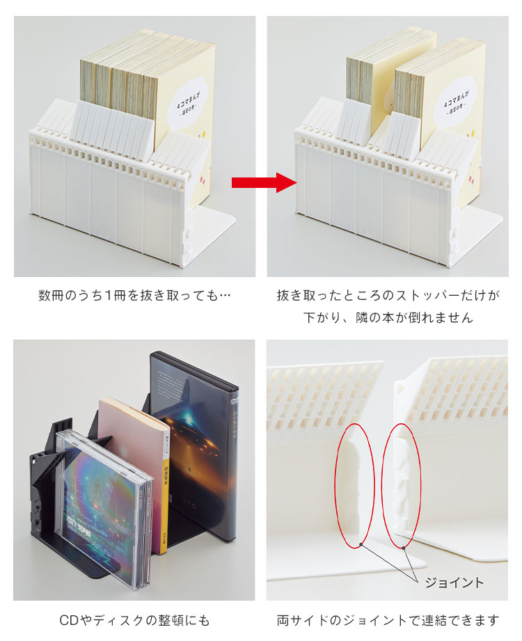 ブックスタンド 卓上 文庫 本立て ミニ リヒトラブ 1冊でも倒れないブックスタンド A3575 LIHITLAB. ストッパー 付き ジョイント 本  新書 A5 白 黒 シンプル