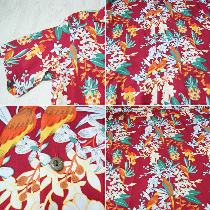 ALOHA アロハシャツ メンズ ハワイ 赤 レッド オウム 鳥