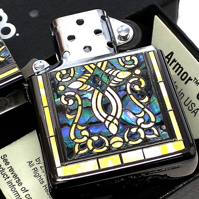 ZIPPO ライター アーマー シェル ヘリテージ 天然貝象嵌 重厚 ジッポ シェルインレイ 綺麗 両面加工 ブラックニッケル おしゃれ