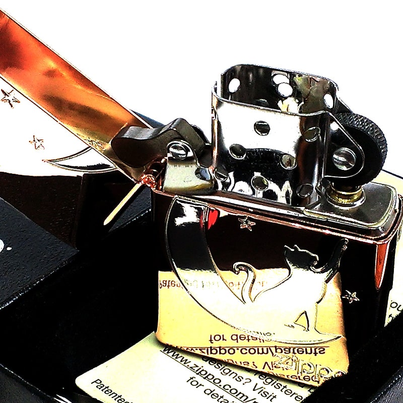 Zippo ゴールド 猫デザインライター 専用ケース付き ZIPPO ライター ネコ ブラック ゴールド ジッポ 猫 可愛い 黒金