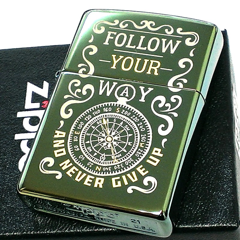 ZIPPO ライター Follow Your Way 羅針盤 ジッポ 可愛い グリーン レーザー彫刻 コンパス 鏡面仕上げ かっこいい おしゃれ  レディース