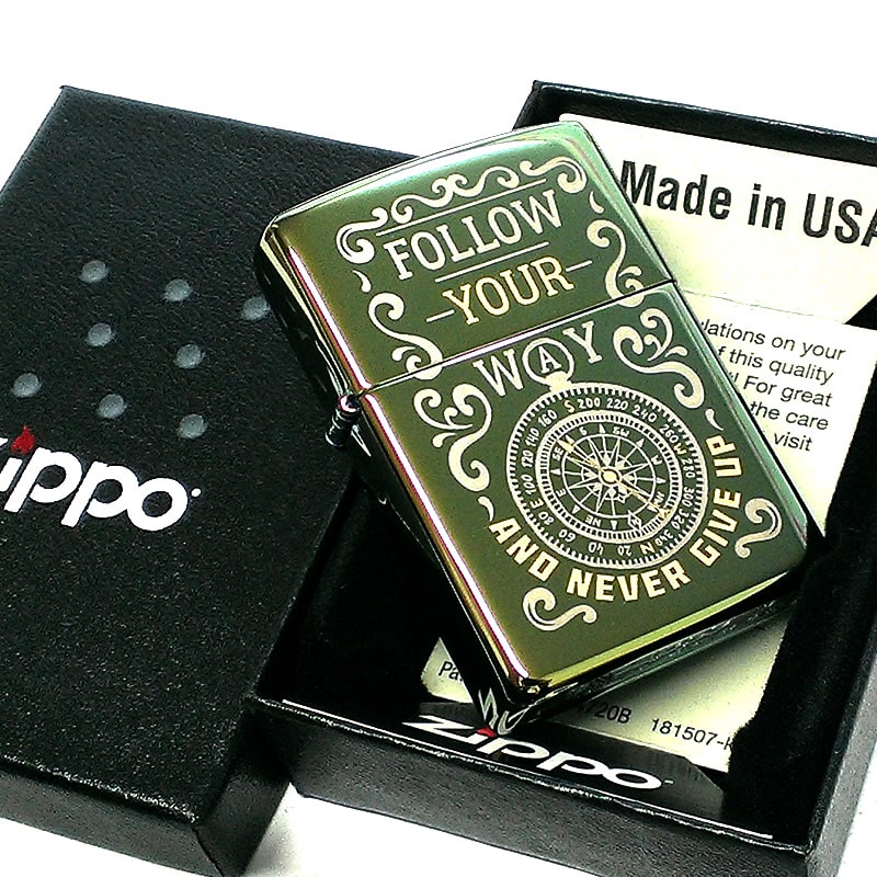 ZIPPO ライター Follow Your Way 羅針盤 ジッポ 可愛い グリーン レーザー彫刻 コンパス 鏡面仕上げ かっこいい おしゃれ  レディース