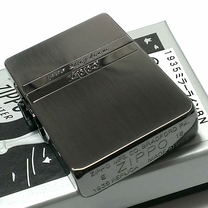 ZIPPO ライター かっこいい ミラーライン ジッポ 1935 復刻レプリカ ブラックニッケル サテン＆鏡面 おしゃれ シンプル メンズ プレゼント