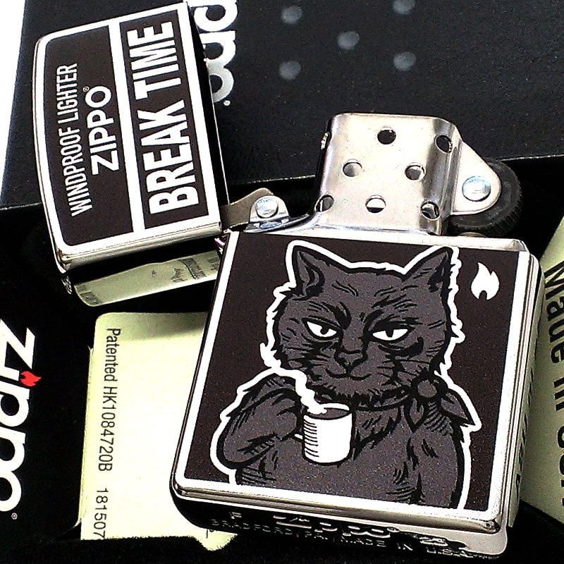 ZIPPO ライター 可愛い ネコ BREAK TIME ジッポ シルバー 猫 ブラック メンズ ねこ ギフト CAT レディース 女性 プレゼント