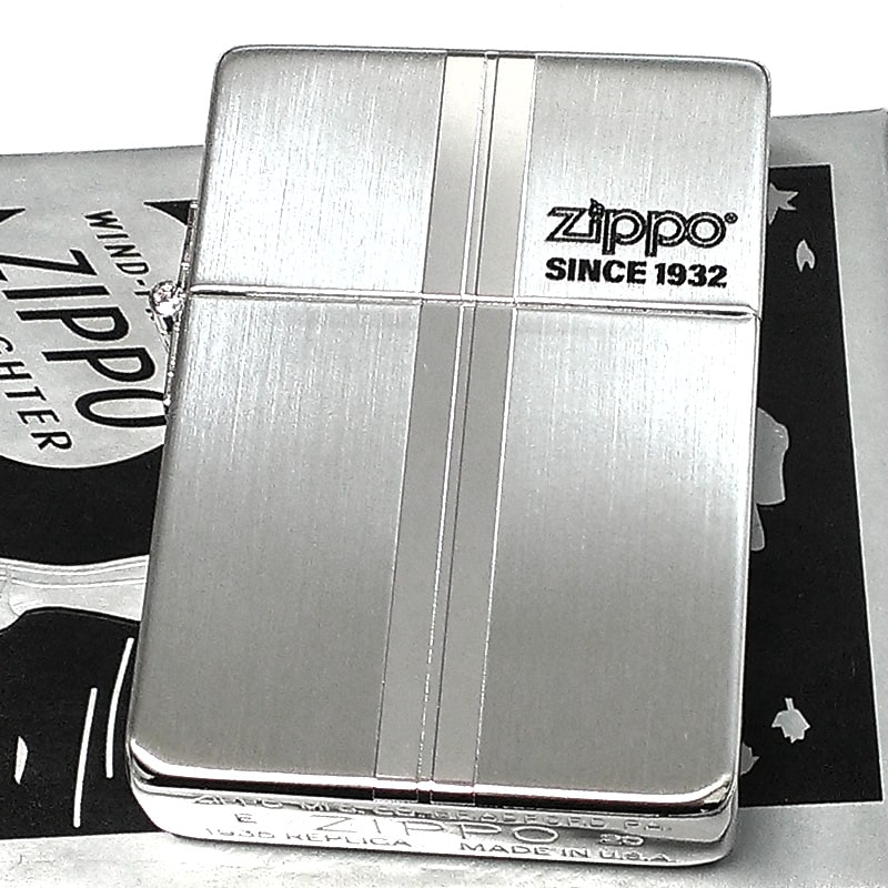 ZIPPO 1935 復刻レプリカ ダブルライン シルバー ジッポライター ロゴデザイン 銀 両面加工 シンプル 角型 メンズ プレゼント ギフト