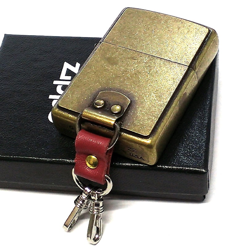 ZIPPO キーホルダー 真鍮バレルメタル 赤レザー ジッポ ライター キーリング 古美仕上げ アンティークゴールド ブラス かっこいい