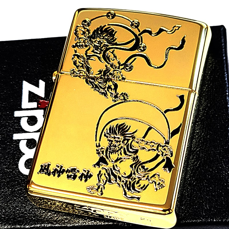 ZIPPO ジッポー ライター 風神雷神 ゴールド ブラック 未使用　オマケ付 ZIPPO ライター 風神雷神 和柄 ジッポ 鏡面ゴールド 彫刻 黒差し