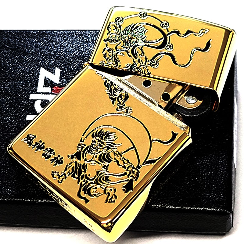 ZIPPO ジッポー ライター 風神雷神 ゴールド ブラック 未使用　オマケ付 ZIPPO 和柄 風神雷神 ジッポ ライター ブラックニッケル 金差し