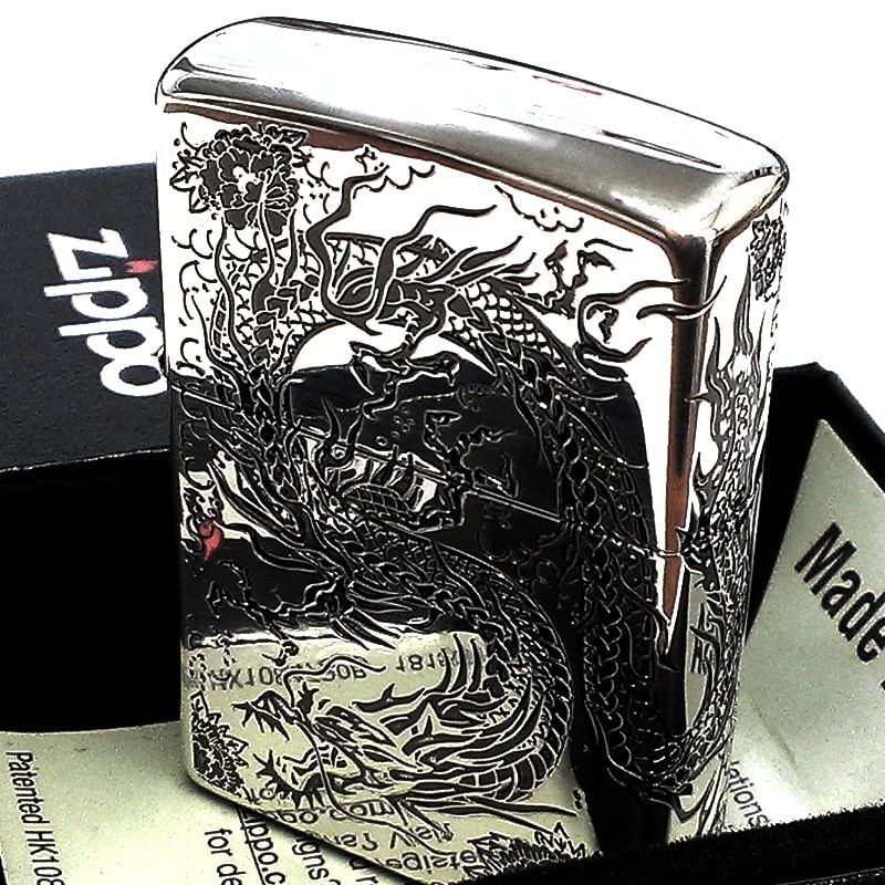 ジッポ　二重彫　龍 ZIPPO（ジッポー） ライター 二面龍 ジッポ シルバー 2面連続彫刻 銀