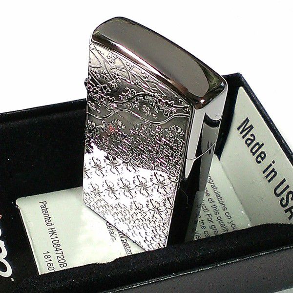 ZIPPO スリム ジッポ ライター 桜模様 細密エッチング 彫刻