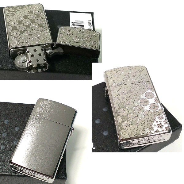 ZIPPO スリム ジッポ ライター 桜模様 細密エッチング 彫刻