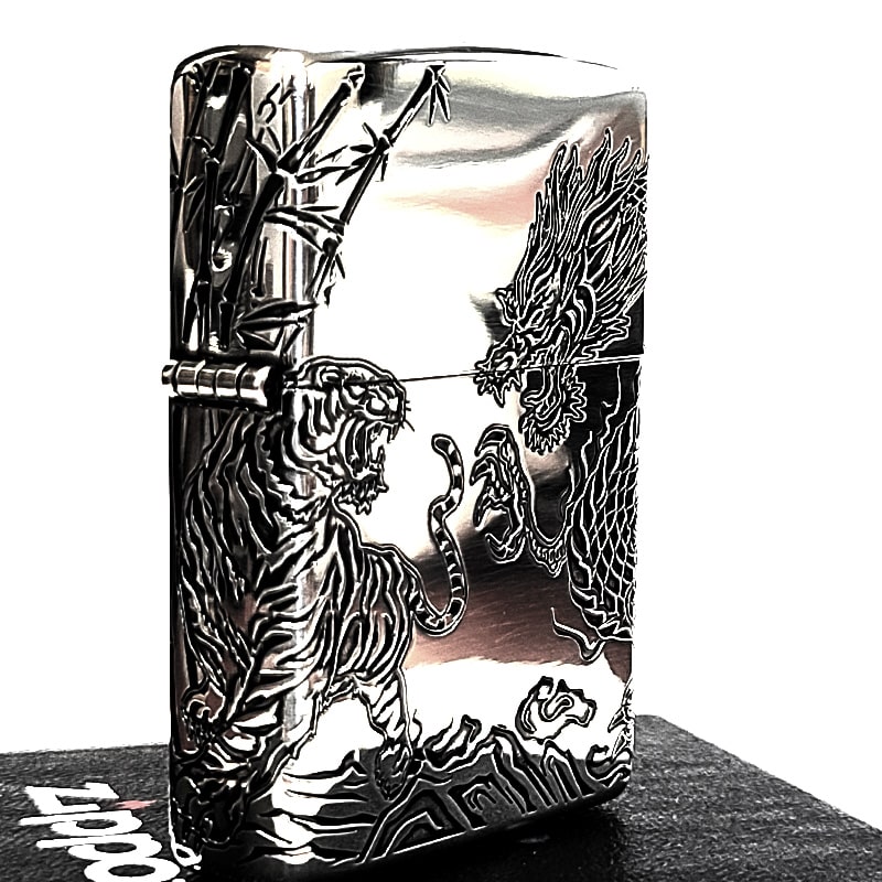 1930年代 銀製 インク壺 ドラゴン彫刻付き 龍 ZIPPO（ジッポー） ライター 龍虎 三面連続加工 アンティークシルバー