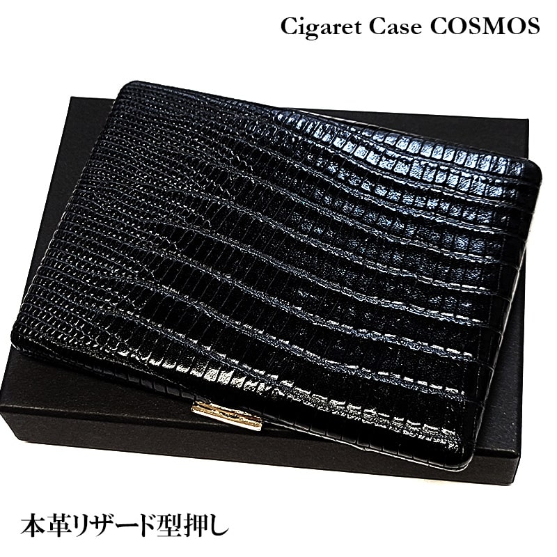 Pearl コスモス シガレットケース ブラック 革貼り 薄型 本革リザード