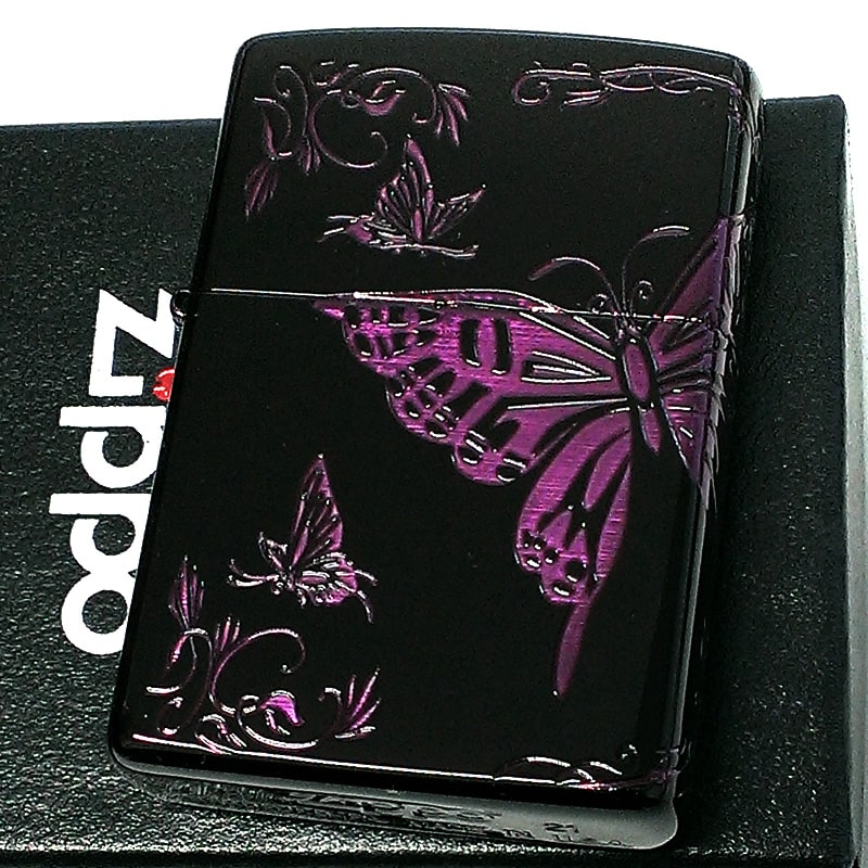 ZIPPO ライター 蝶 バタフライ ジッポー イオンブラック 紫 おしゃれ パープル レディース 黒 可愛い 女性 ギフト プレゼント