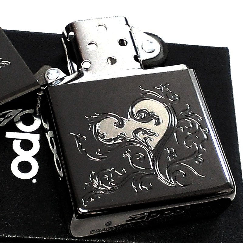 ZIPPO ライター リーフハート 可愛い ジッポ ブラックニッケル シルバー レディース メンズ ジッポー ギフト プレゼント 彫刻 おしゃれ