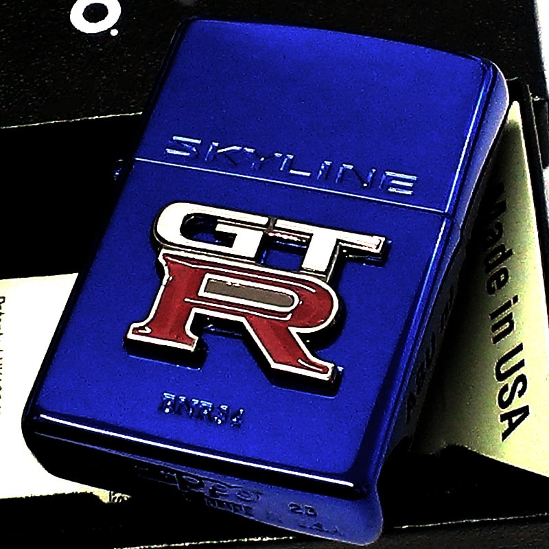 ZIPPO ライター スカイライン GT-R R34 リアルエンブレム 車 イオンブルー ロゴ ジッポ 日産公認モデル GTR-BNR34 メンズ  ギフト