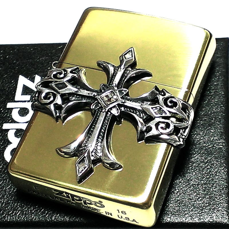 ZIPPO ライター ジッポ ハイエンドクロス スワロフスキー入り 真鍮イブシ シルバーメタル スクエアスワロ ゴールド 金銀 十字架
