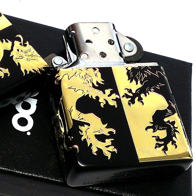 ZIPPO モノトーンライオン ジッポ ライター ブラック×ゴールド かっこいい 黒金 5面加工 エッチング彫刻 おしゃれ ギフト メンズ