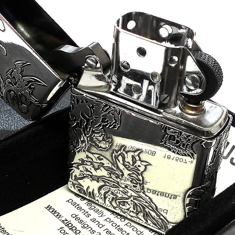 ZIPPO ライター 五面龍虎 かっこいい エッチング 彫刻 ジッポ お守り 和柄 アンティーク シルバー 竜 5面加工 銀いぶし おしゃれ 渋い