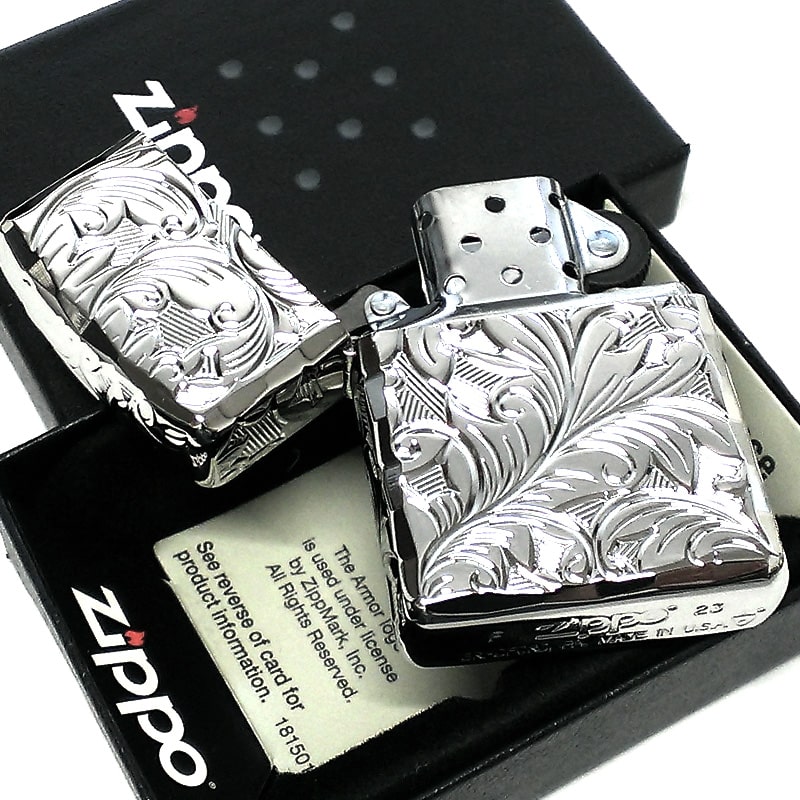 ZIPPO アーマー ジッポ ライター ５面立体彫刻 唐草 リーフ 鏡面 プラチナシルバー 深彫り 銀 かっこいい 両面シャインレイ 高級