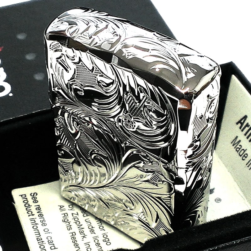 ZIPPO アーマー ジッポ ライター ５面立体彫刻 唐草 リーフ 鏡面 プラチナシルバー 深彫り 銀 かっこいい 両面シャインレイ 高級