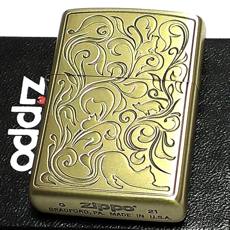 ZIPPO ライター 可愛い ねこ アラベスク 彫刻 キャット ジッポ