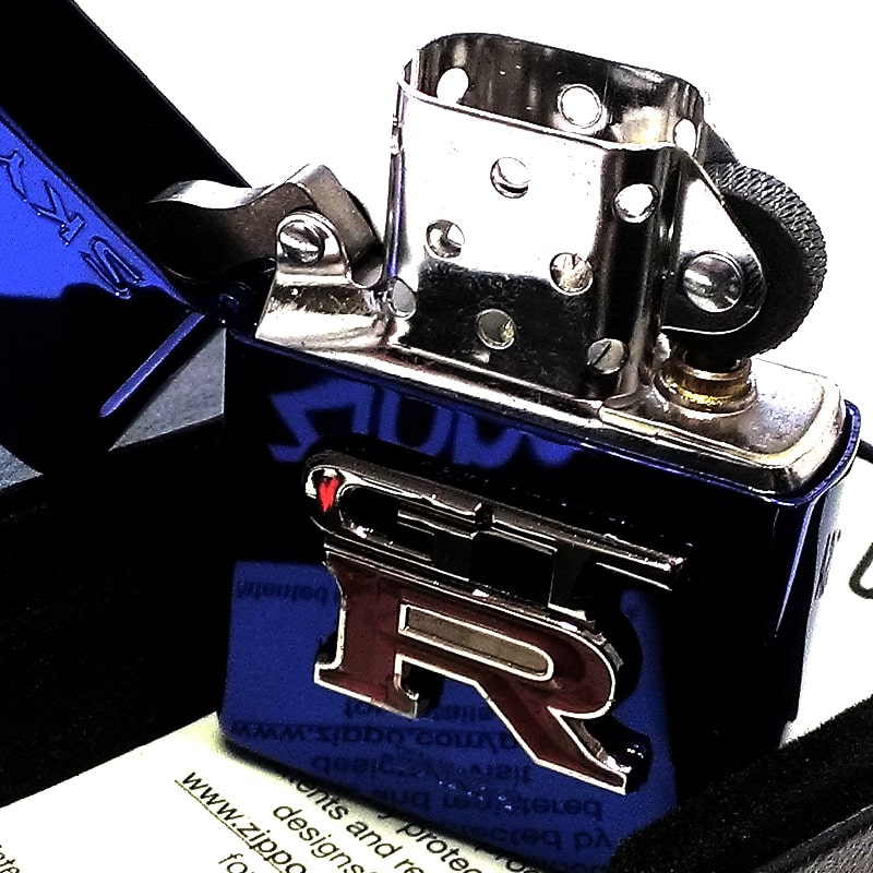 ZIPPO ライター スカイライン GT-R R34 リアルエンブレム 車 イオンブルー ロゴ ジッポ 日産公認モデル GTR-BNR34 メンズ  ギフト