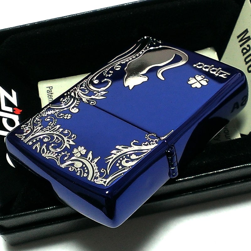 ZIPPO ライター ねこ キャット ジッポ 猫 クローバー 青 ロゴ 四