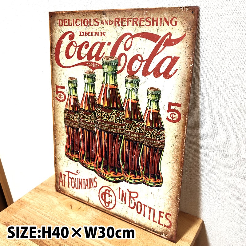 レトロなコカコーラポスター額入りアンティーク風アメリカン雑貨昭和レトロ Coca Cola（コカコーラ） ブリキ看板 アンティーク 5ボトル ガレージ