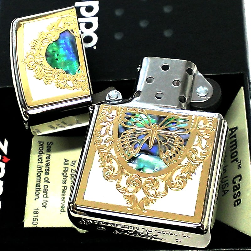 シェル ZIPPO ライター アーマー ジッポ バタフライ 蝶 金銀 コンビ 
