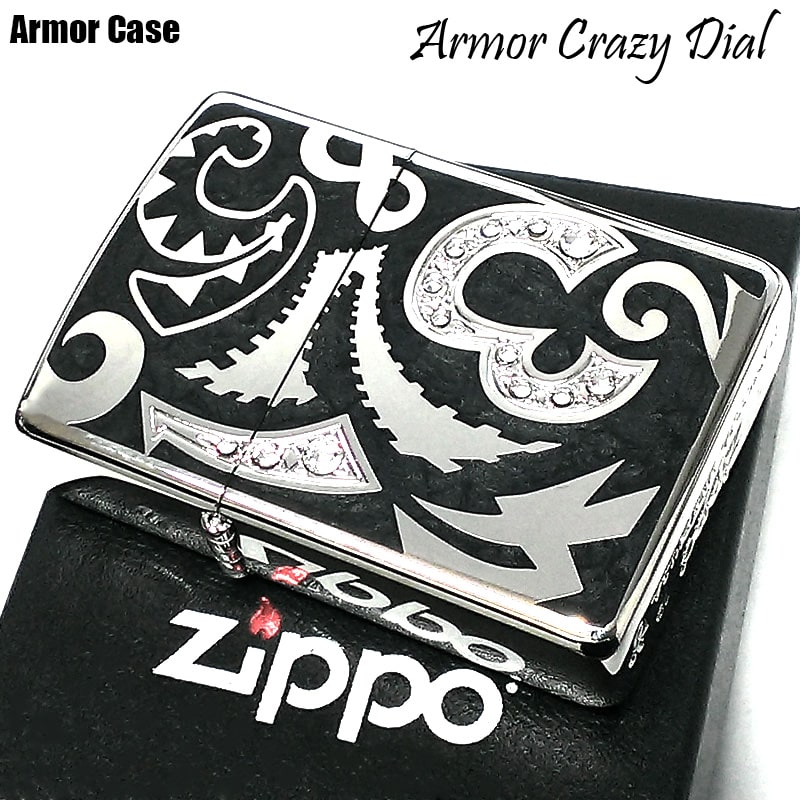 ZIPPO ライター アーマー クレイジーダイアル ブラック ジッポ 重厚 スワロフスキー ダイアノシルバー 鏡面 深彫り 美しい 黒 かっこいい