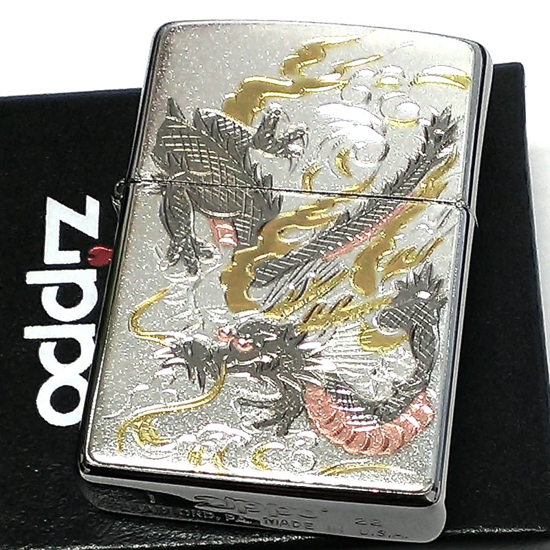 ZIPPO 和柄 ドラゴン ジッポ ライター シルバー 龍 日本 和風 竜 彫刻 銀 デンチュウバン メンズ プレゼント ギフト