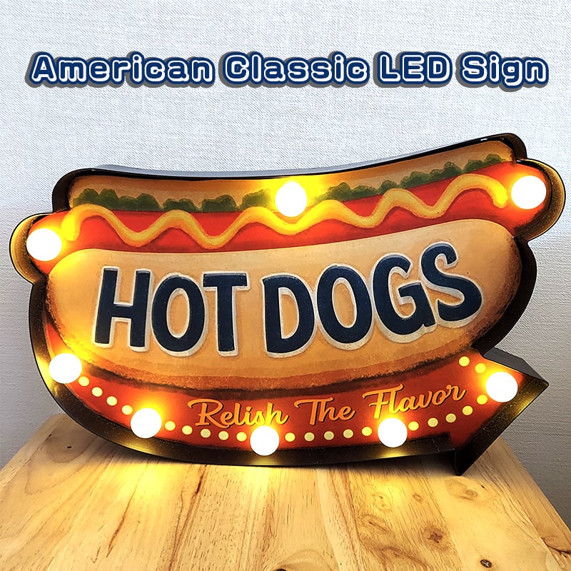 電飾看板 LED Sign アメリカン クラシック ホットドッグ サインライト 雑貨 HOT DOGS かわいい 壁掛け 照明 アンティーク おしゃれ 店舗｜hayamipro