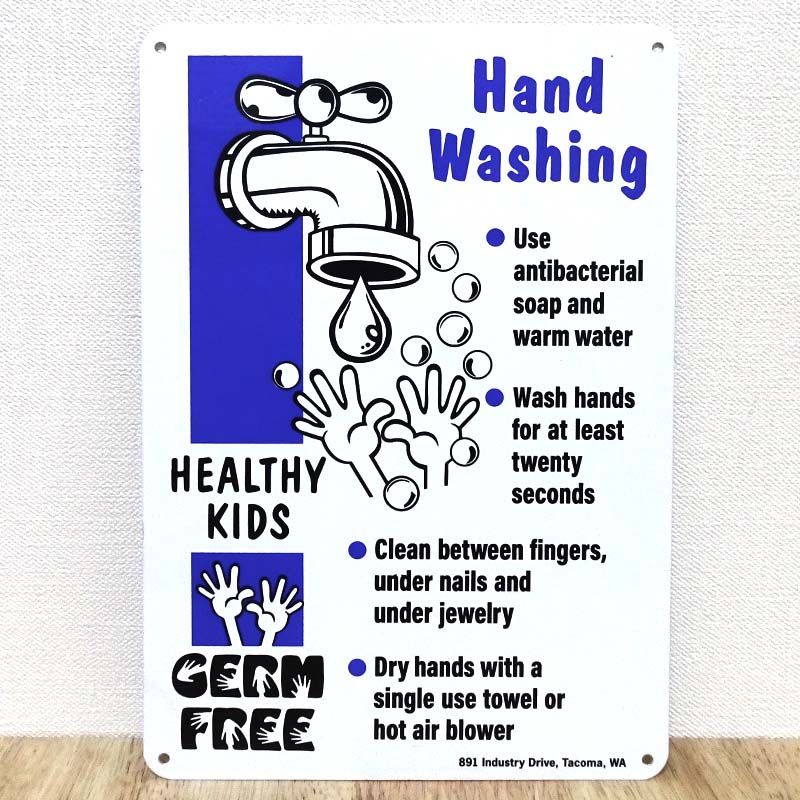 サインプレート 可愛い HAND WASH SIGN BLUE 看板 手洗い アルミ製