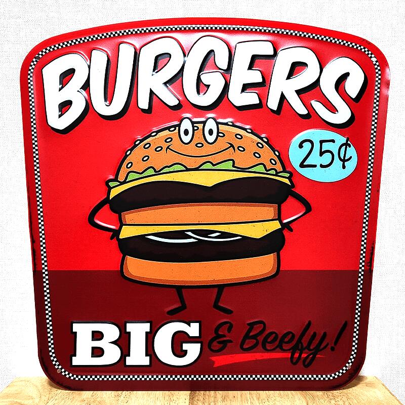 ブリキ看板 ハンバーガー アンティーク かわいい BIG BURGERS 赤 