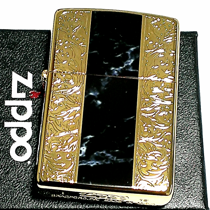 ZIPPO ライター アラベスク＆黒大理石 ジッポ 両面加工 ゴールド